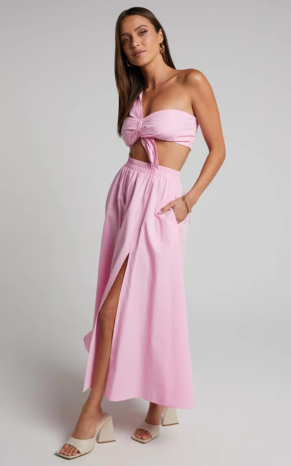 Showpo Sula Two Piece Set 8211 One Shoulder Bralette Crop Top And Midi Skirt Set In Pink Women Curve Clothes