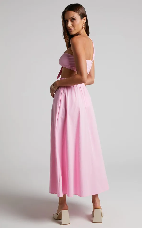 Showpo Sula Two Piece Set 8211 One Shoulder Bralette Crop Top And Midi Skirt Set In Pink Women Curve Clothes