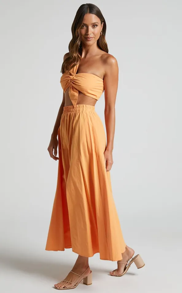 Showpo Sula Two Piece Set 8211 One Shoulder Bralette Crop Top And Midi Skirt Set In Sherbet Orange Women Curve Clothes