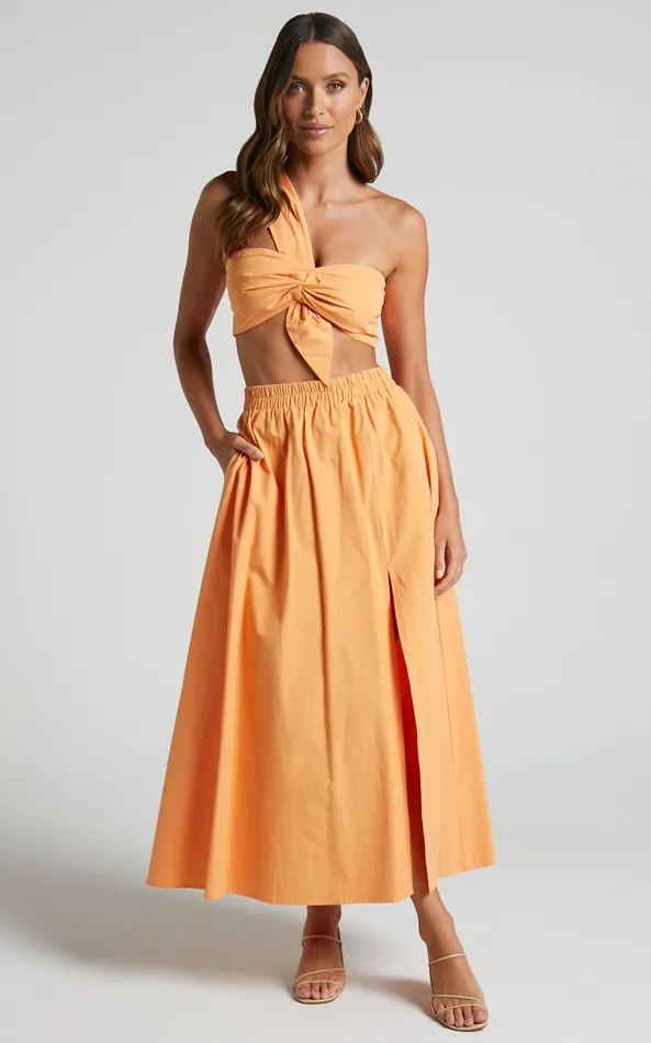 Showpo Sula Two Piece Set 8211 One Shoulder Bralette Crop Top And Midi Skirt Set In Sherbet Orange Women Curve Clothes