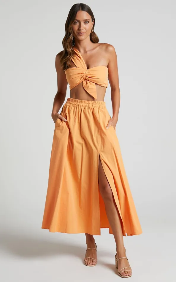 Showpo Sula Two Piece Set 8211 One Shoulder Bralette Crop Top And Midi Skirt Set In Sherbet Orange Women Curve Clothes