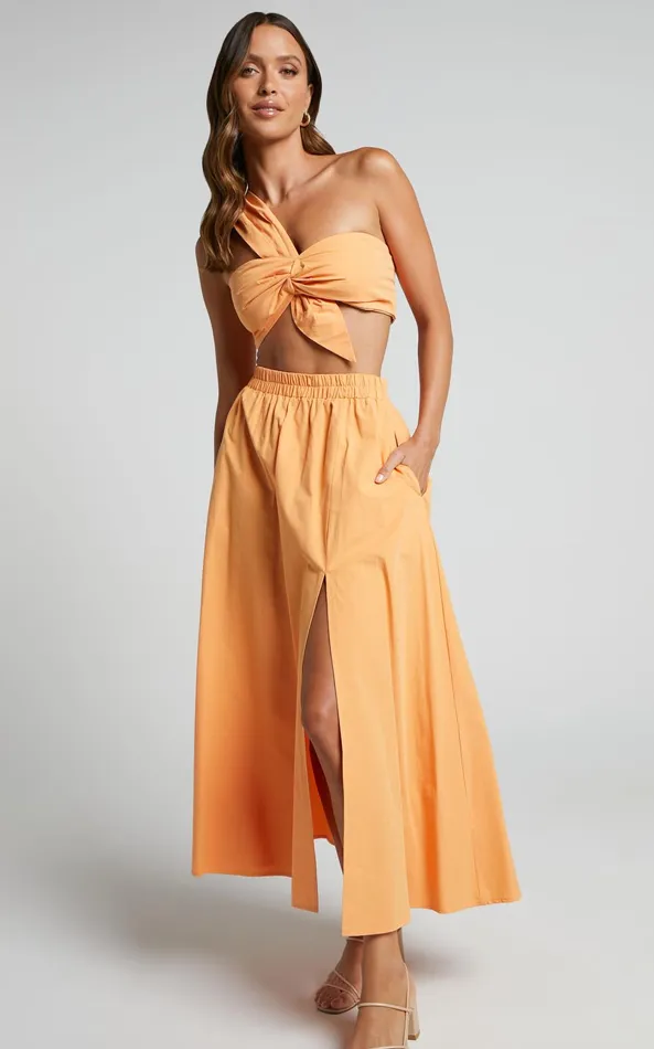 Showpo Sula Two Piece Set 8211 One Shoulder Bralette Crop Top And Midi Skirt Set In Sherbet Orange Women Curve Clothes