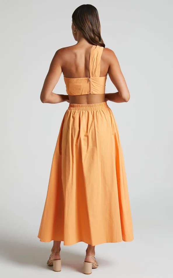 Showpo Sula Two Piece Set 8211 One Shoulder Bralette Crop Top And Midi Skirt Set In Sherbet Orange Women Curve Clothes