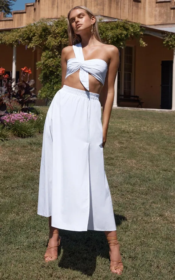 Showpo Sula Two Piece Set 8211 One Shoulder Bralette Crop Top And Midi Skirt Set In White Women Curve Clothes