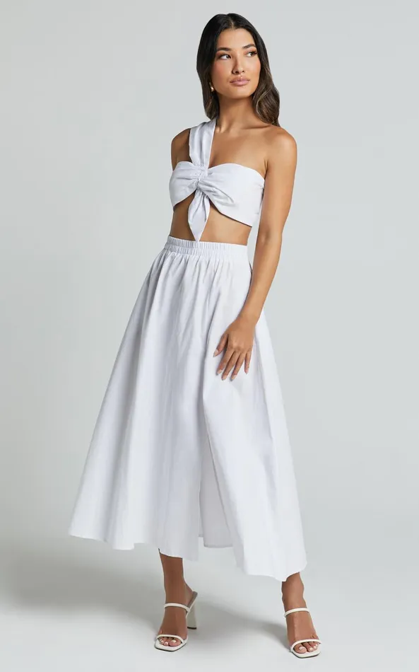 Showpo Sula Two Piece Set 8211 One Shoulder Bralette Crop Top And Midi Skirt Set In White Women Curve Clothes