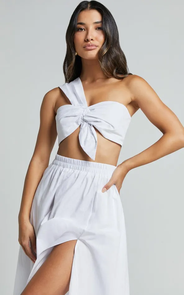 Showpo Sula Two Piece Set 8211 One Shoulder Bralette Crop Top And Midi Skirt Set In White Women Curve Clothes