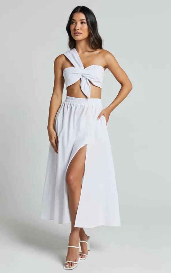 Showpo Sula Two Piece Set 8211 One Shoulder Bralette Crop Top And Midi Skirt Set In White Women Curve Clothes