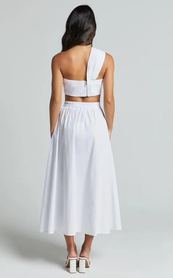 Showpo Sula Two Piece Set 8211 One Shoulder Bralette Crop Top And Midi Skirt Set In White Women Curve Clothes