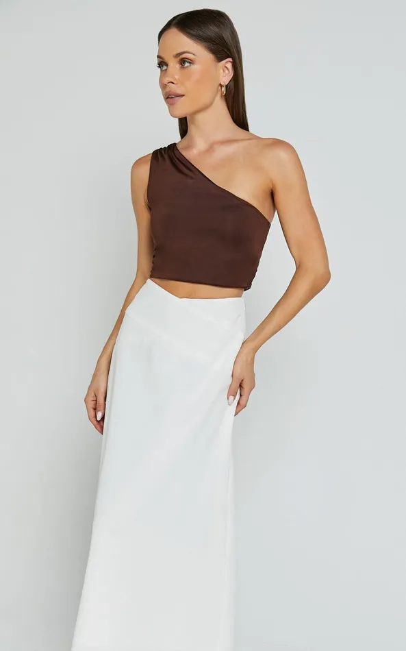 Showpo Sundry Midi Skirt 8211 Linen Look High Waisted Cross Front Detail Skirt In Off White Women Skirts