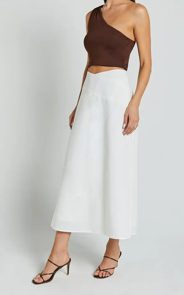 Showpo Sundry Midi Skirt 8211 Linen Look High Waisted Cross Front Detail Skirt In Off White Women Skirts