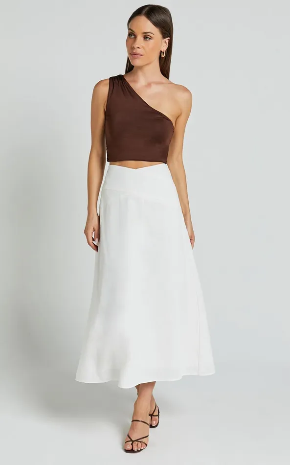 Showpo Sundry Midi Skirt 8211 Linen Look High Waisted Cross Front Detail Skirt In Off White Women Skirts