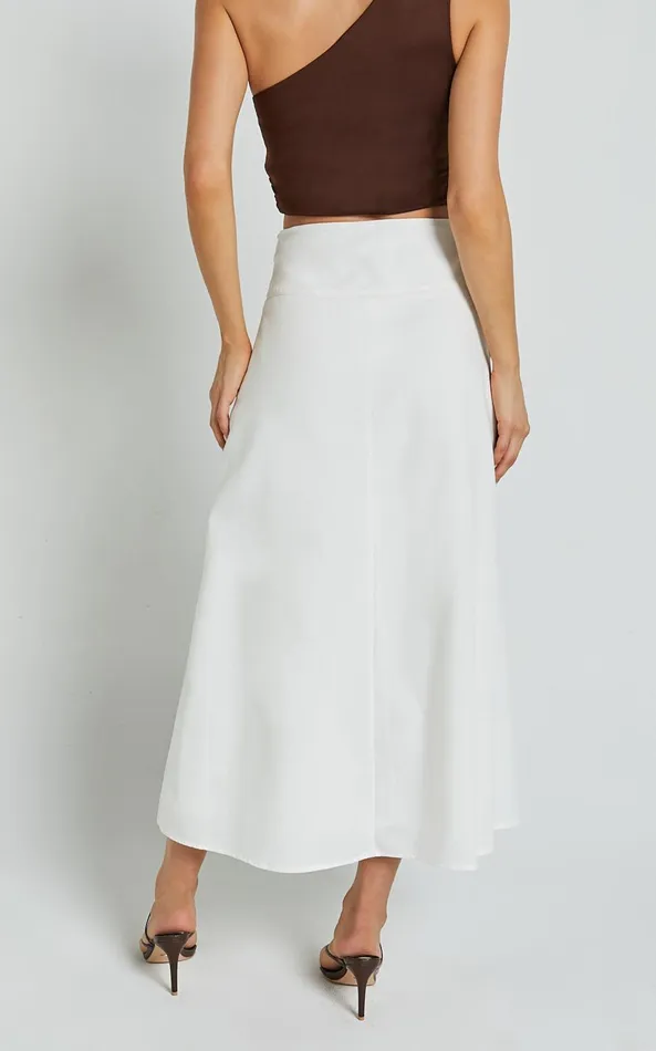 Showpo Sundry Midi Skirt 8211 Linen Look High Waisted Cross Front Detail Skirt In Off White Women Skirts