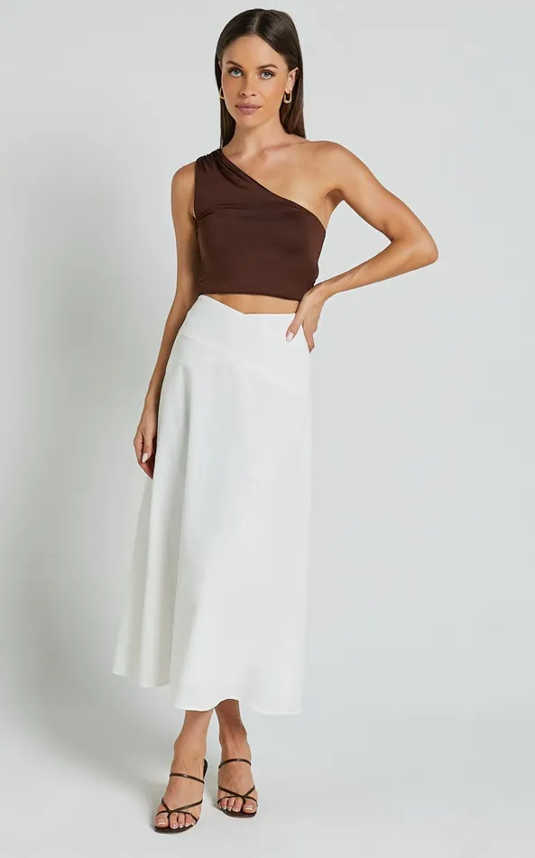Showpo Sundry Midi Skirt 8211 Linen Look High Waisted Cross Front Detail Skirt In Off White Women Skirts