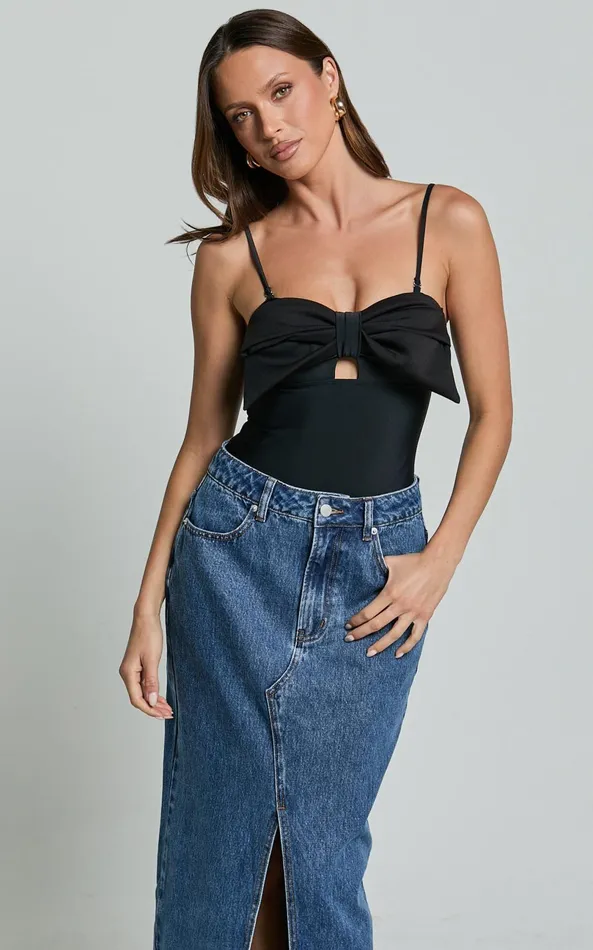 Showpo Susie Bodysuit 8211 Strapless Bow Detail Bodysuit In Black Women Tops
