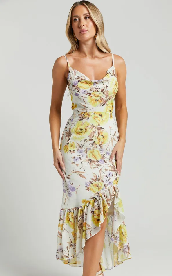 Showpo Sutton Midi Dress 8211 Cowl Neckline Strappy Frill Hem In Dahlia Watercolour Women Dresses
