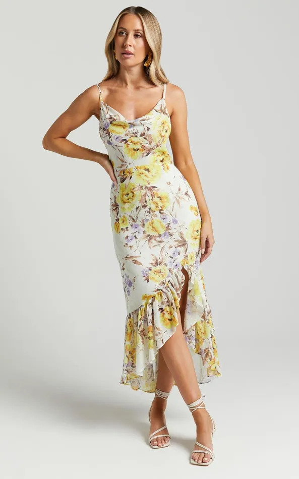 Showpo Sutton Midi Dress 8211 Cowl Neckline Strappy Frill Hem In Dahlia Watercolour Women Dresses