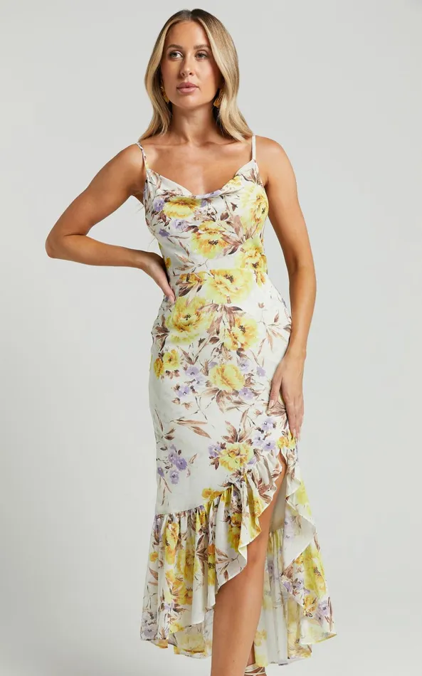 Showpo Sutton Midi Dress 8211 Cowl Neckline Strappy Frill Hem In Dahlia Watercolour Women Dresses