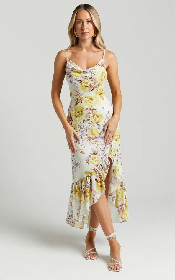 Showpo Sutton Midi Dress 8211 Cowl Neckline Strappy Frill Hem In Dahlia Watercolour Women Dresses