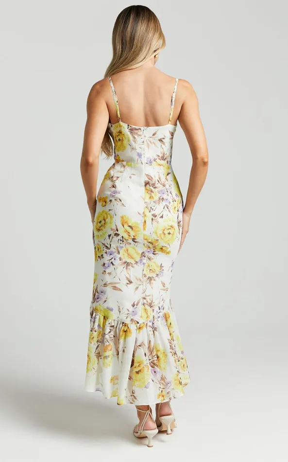 Showpo Sutton Midi Dress 8211 Cowl Neckline Strappy Frill Hem In Dahlia Watercolour Women Dresses