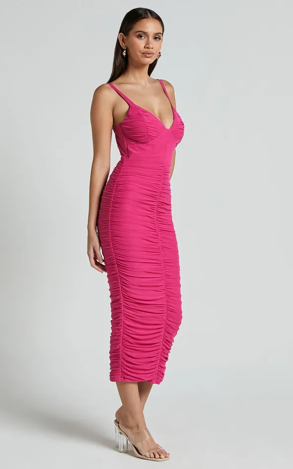 Showpo Suzie Midi Dress 8211 Sweetheart Neck Bustier Ruched Bodycon Dress In Magenta Women Dresses