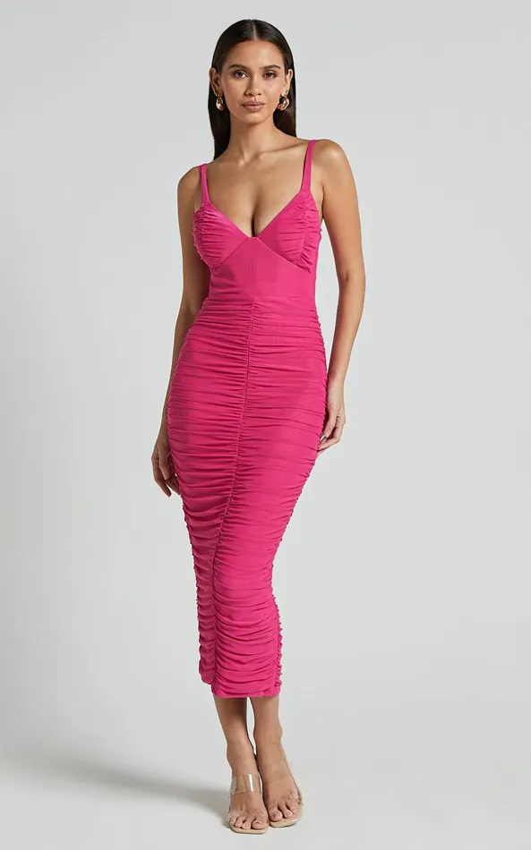Showpo Suzie Midi Dress 8211 Sweetheart Neck Bustier Ruched Bodycon Dress In Magenta Women Dresses