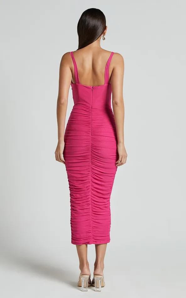Showpo Suzie Midi Dress 8211 Sweetheart Neck Bustier Ruched Bodycon Dress In Magenta Women Dresses