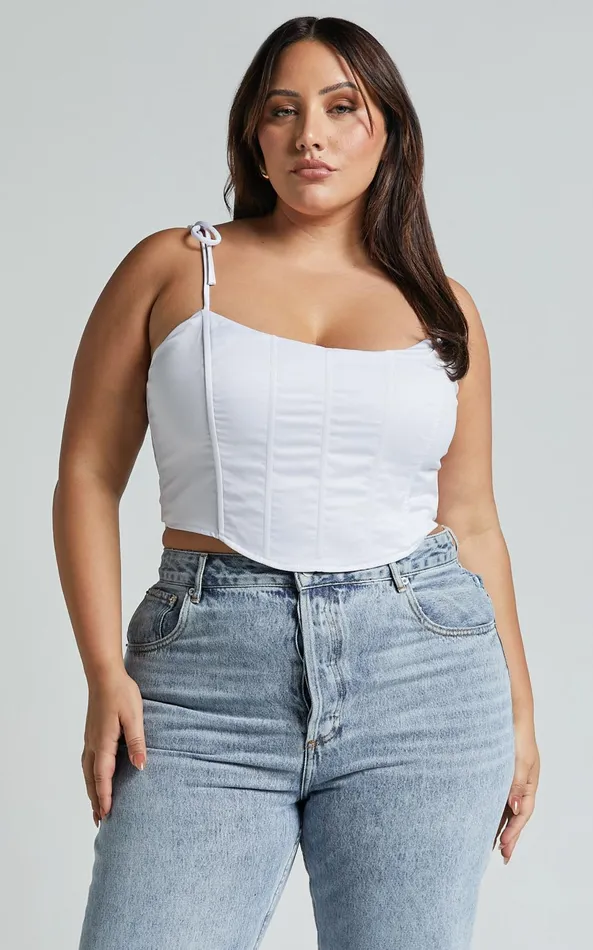 Showpo Sweet Disguise Top 8211 Shoulder Tie Corset Top In White Women Curve Clothes