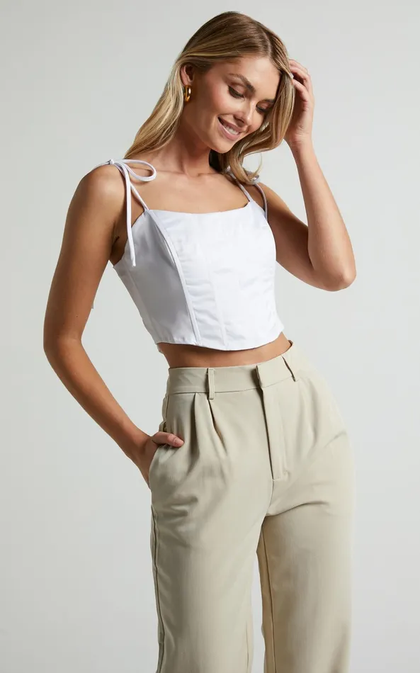 Showpo Sweet Disguise Top 8211 Shoulder Tie Corset Top In White Women Curve Clothes