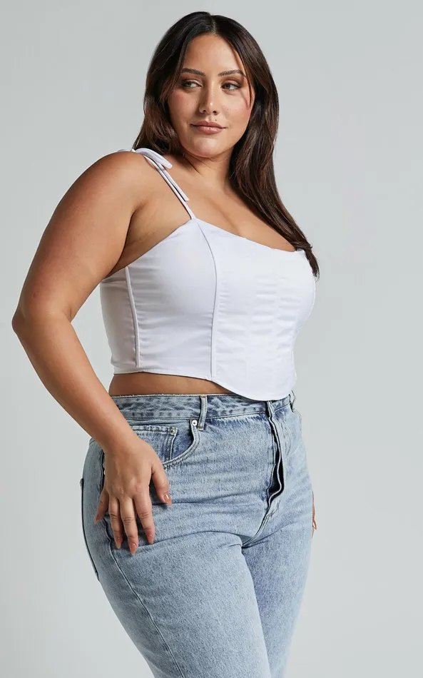 Showpo Sweet Disguise Top 8211 Shoulder Tie Corset Top In White Women Curve Clothes