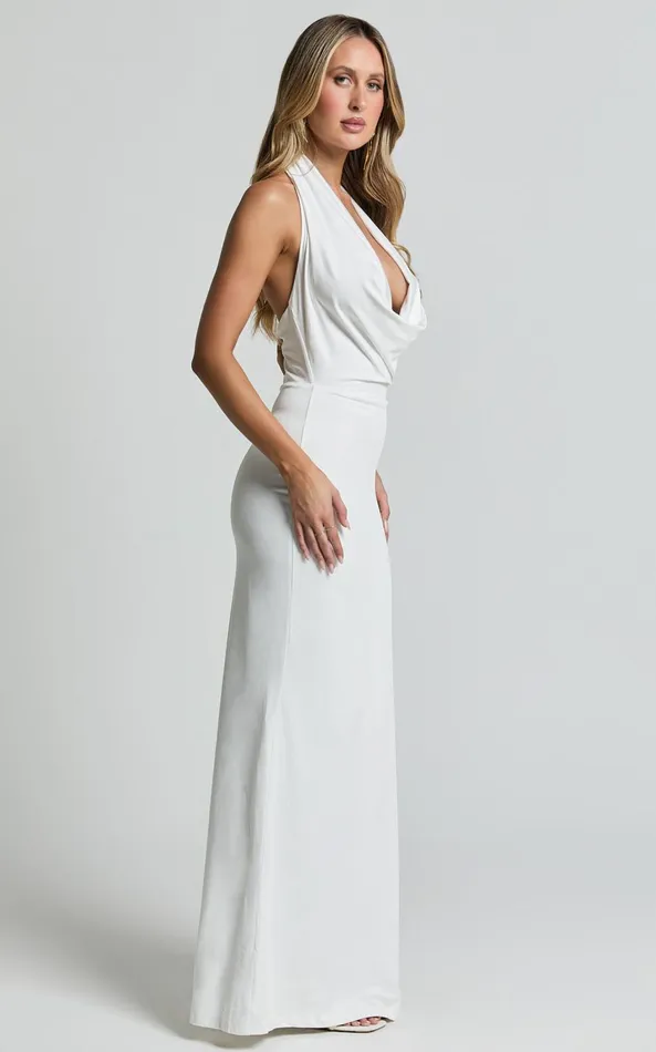 Showpo Sylvana Maxi Dress 8211 Cowl Halter Neck Bodycon Dress In White Women Dresses