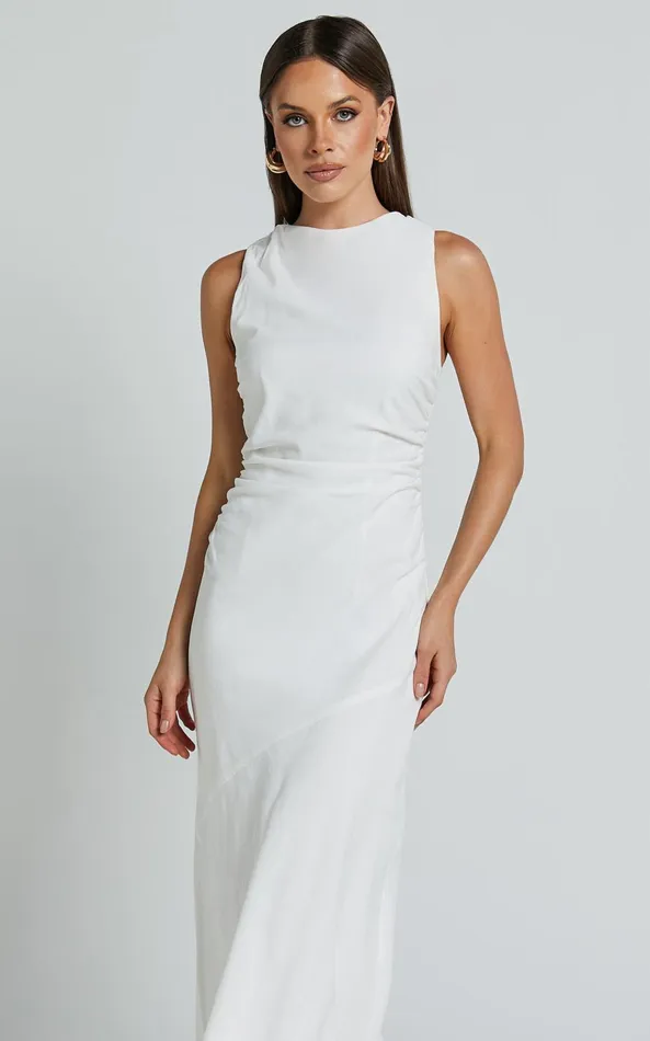 Showpo Sylvie Midi Dress 8211 High Neck Flare Dress In White Women Dresses