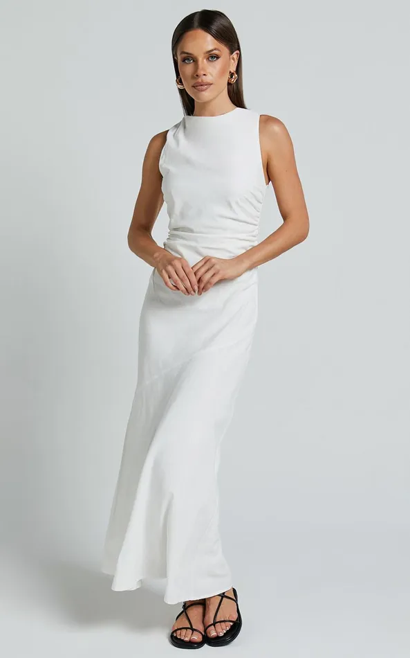 Showpo Sylvie Midi Dress 8211 High Neck Flare Dress In White Women Dresses