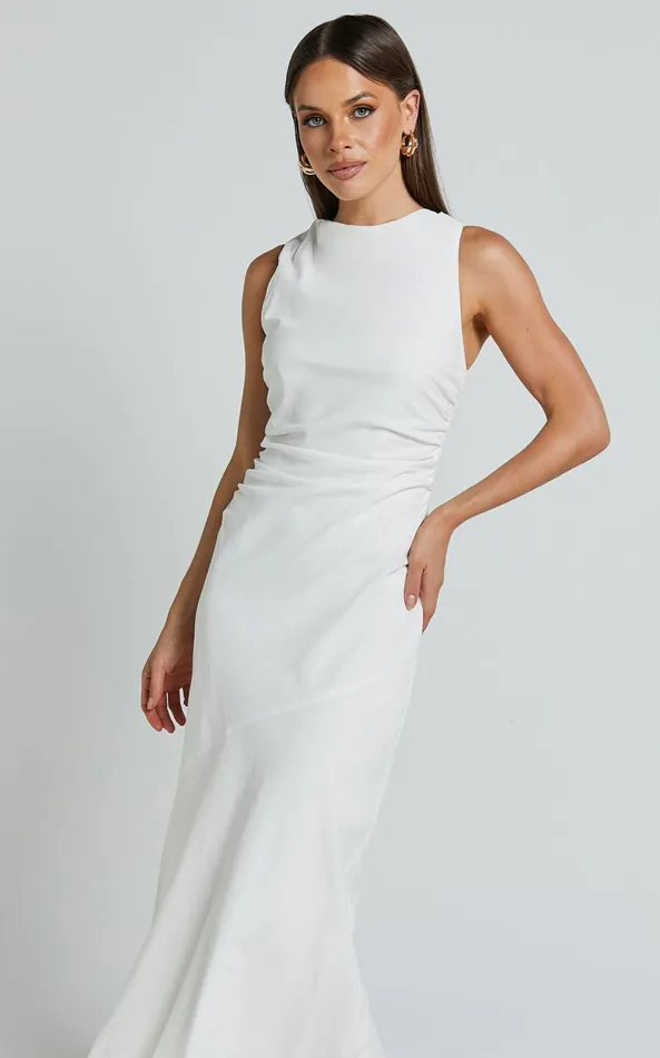 Showpo Sylvie Midi Dress 8211 High Neck Flare Dress In White Women Dresses