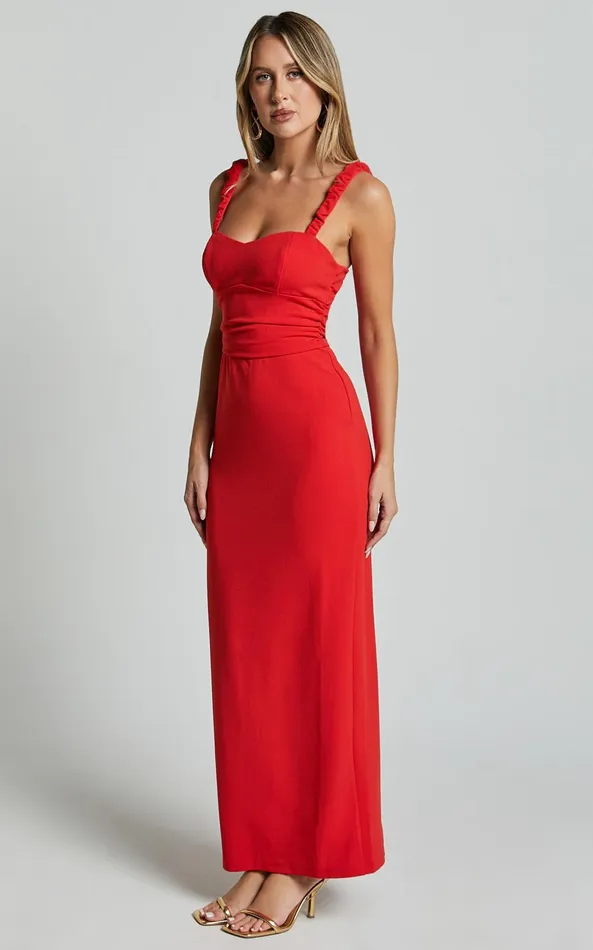 Showpo Tahlia Midi Dress 8211 Sweetheart Ruched Dress In Red Women Dresses
