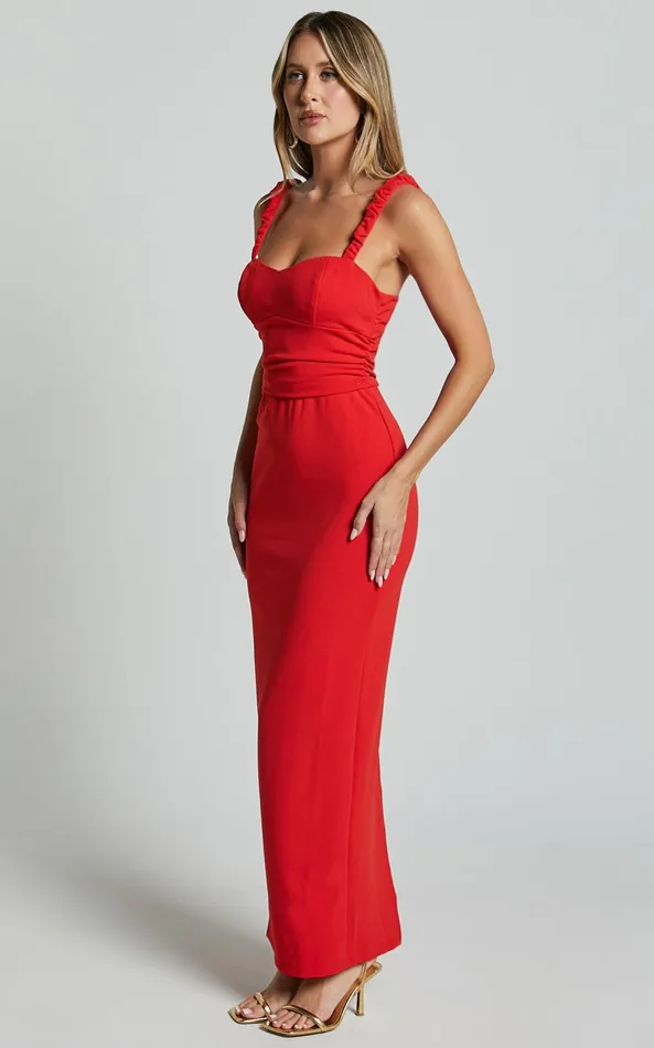 Showpo Tahlia Midi Dress 8211 Sweetheart Ruched Dress In Red Women Dresses
