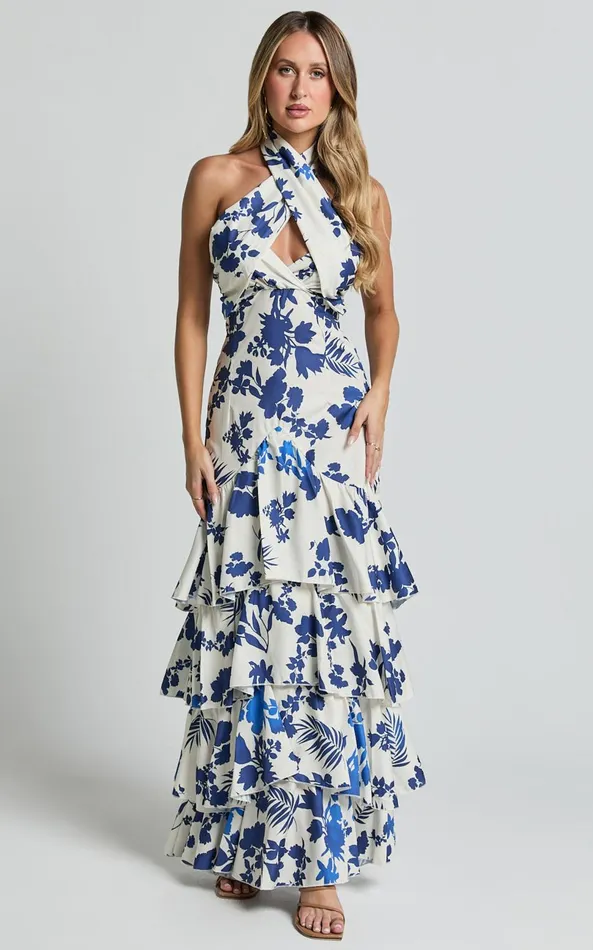 Showpo Talia Maxi Dress 8211 Halter Neck Layered Dress In Blue And White Print Women Dresses Showpo Talia Maxi Dress 8211 Halter Neck Layered Dress In Blue And White Print Women Dresses