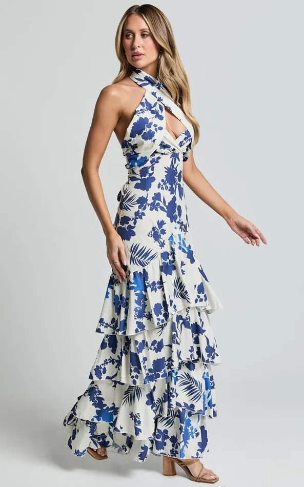 Showpo Talia Maxi Dress 8211 Halter Neck Layered Dress In Blue And White Print Women Dresses