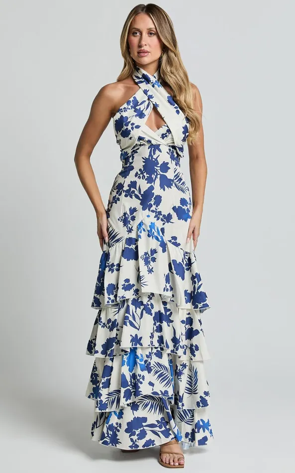 Showpo Talia Maxi Dress 8211 Halter Neck Layered Dress In Blue And White Print Women Dresses
