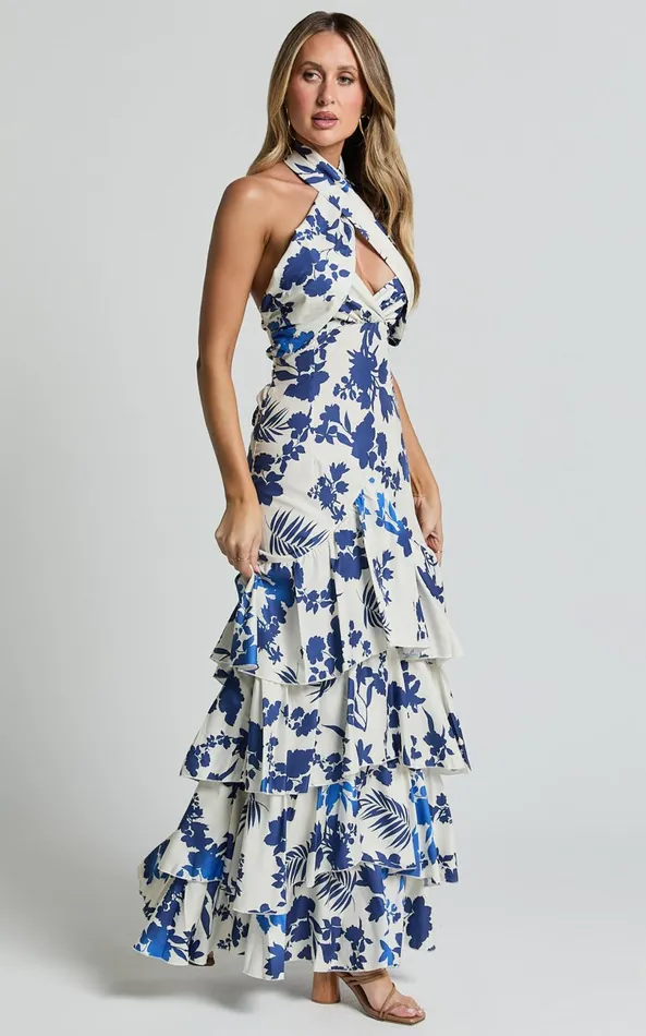 Showpo Talia Maxi Dress 8211 Halter Neck Layered Dress In Blue And White Print Women Dresses