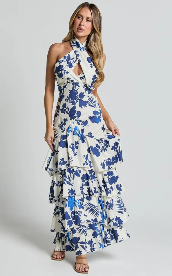 Showpo Talia Maxi Dress 8211 Halter Neck Layered Dress In Blue And White Print Women Dresses