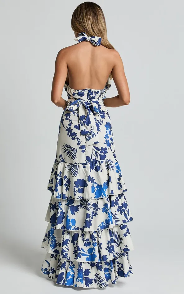 Showpo Talia Maxi Dress 8211 Halter Neck Layered Dress In Blue And White Print Women Dresses