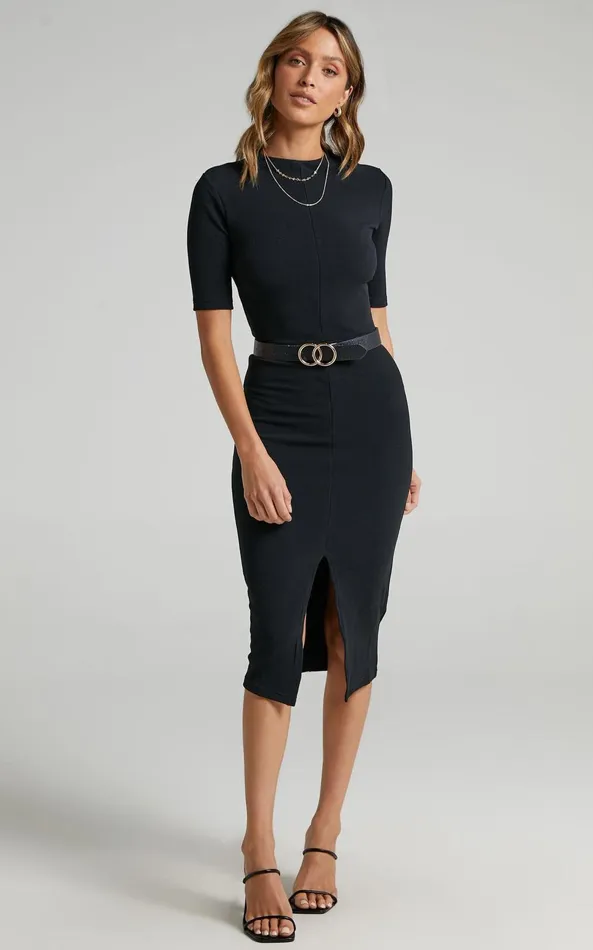 Showpo Tall Tales Midi Dress 8211 Bodycon Centre Split Dress In Black Women Dresses