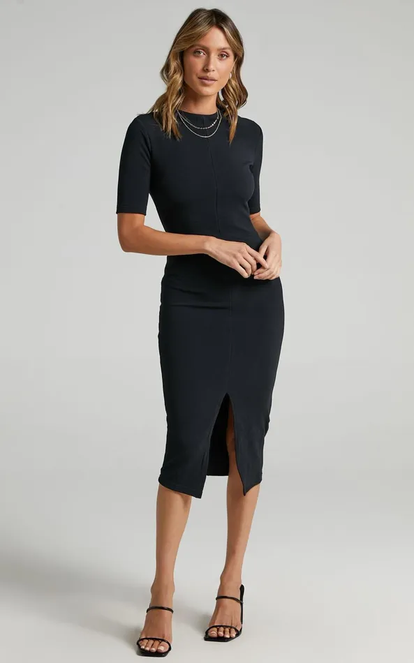 Showpo Tall Tales Midi Dress 8211 Bodycon Centre Split Dress In Black Women Dresses
