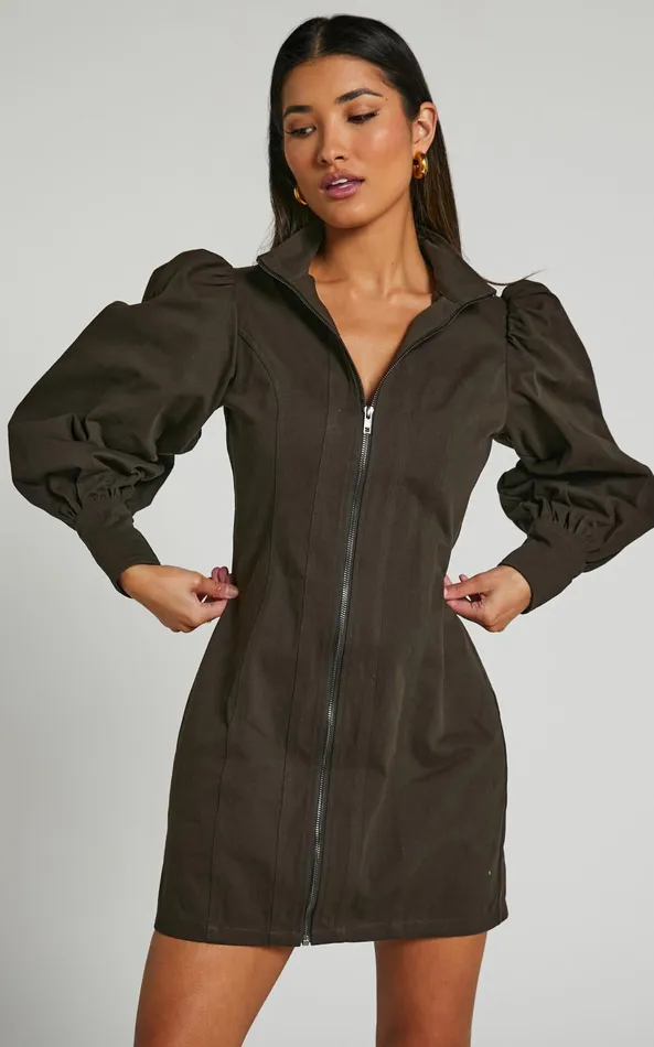 Showpo Tallis Mini Dress 8211 Sleeve Zip Front Dress In Dark Charcoal Women Curve Clothes