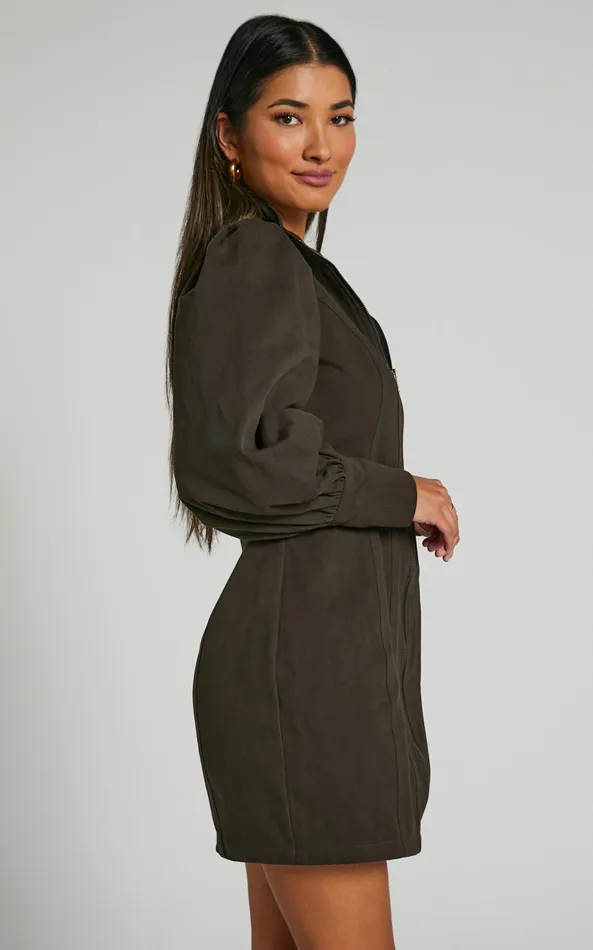 Showpo Tallis Mini Dress 8211 Sleeve Zip Front Dress In Dark Charcoal Women Curve Clothes