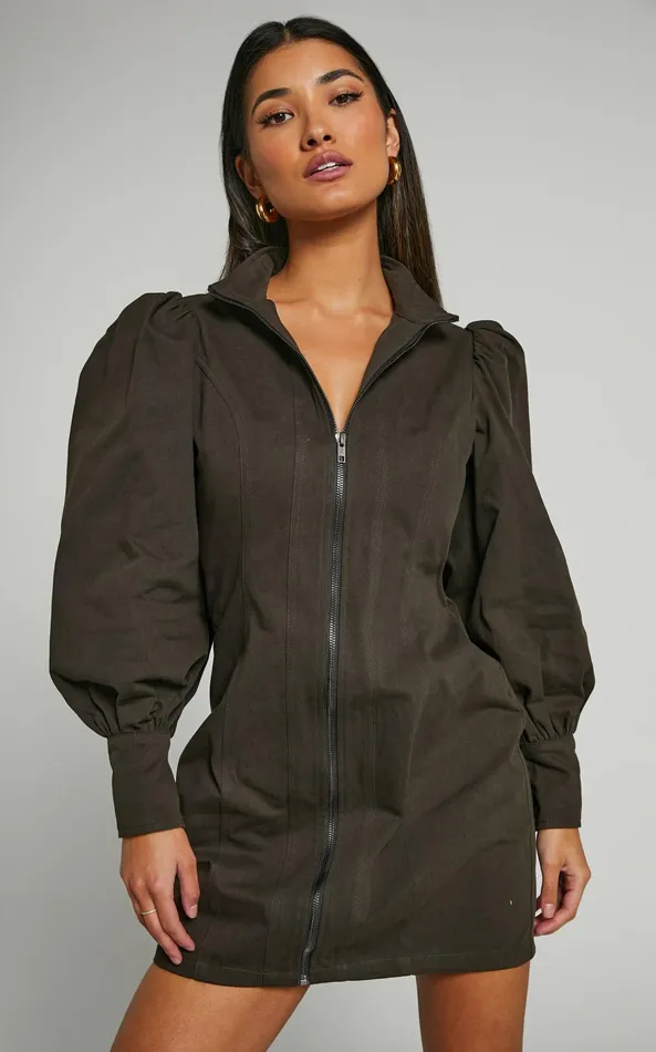 Showpo Tallis Mini Dress 8211 Sleeve Zip Front Dress In Dark Charcoal Women Curve Clothes
