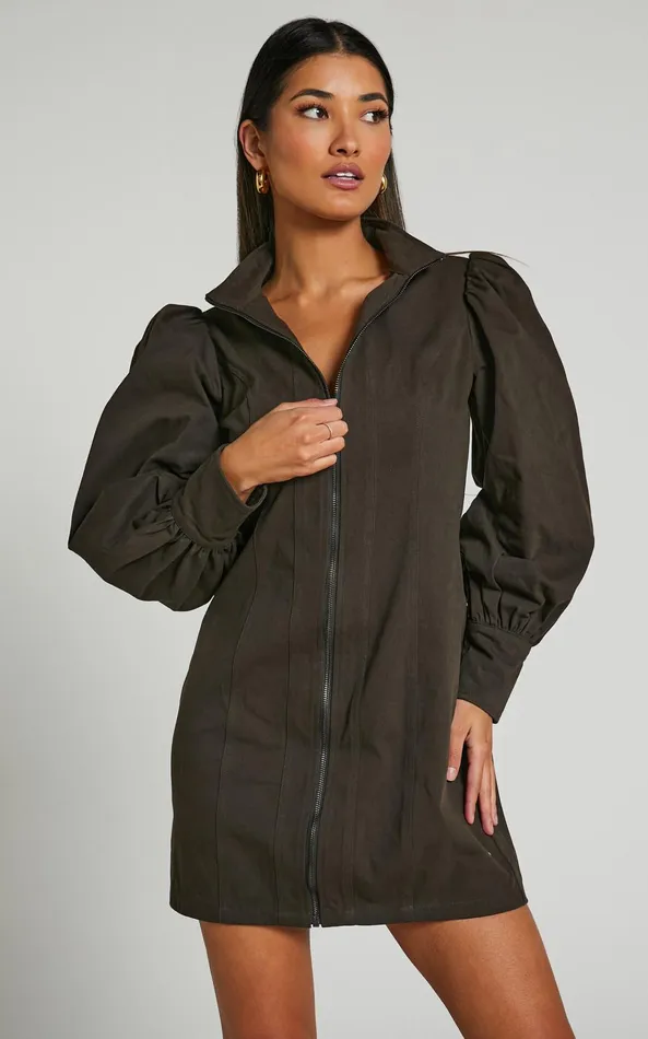 Showpo Tallis Mini Dress 8211 Sleeve Zip Front Dress In Dark Charcoal Women Curve Clothes