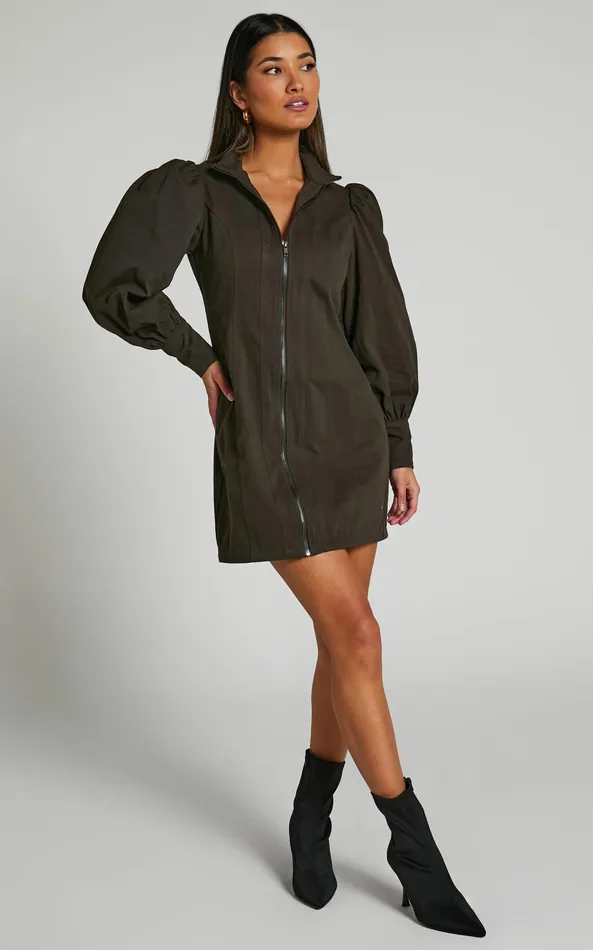 Showpo Tallis Mini Dress 8211 Sleeve Zip Front Dress In Dark Charcoal Women Curve Clothes