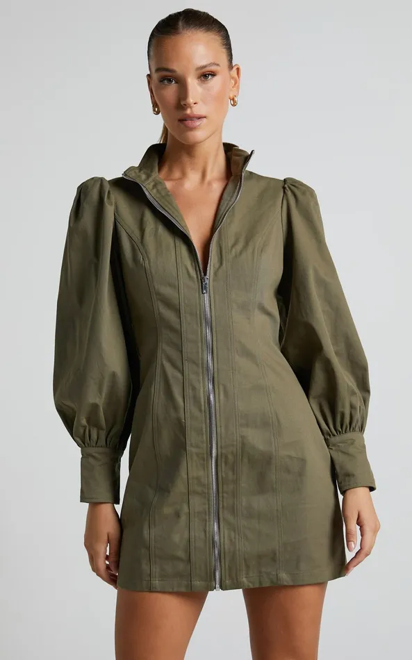 Showpo Tallis Mini Dress 8211 Sleeve Zip Front Dress In Khaki Women Curve Clothes Showpo Tallis Mini Dress 8211 Sleeve Zip Front Dress In Khaki Women Curve Clothes