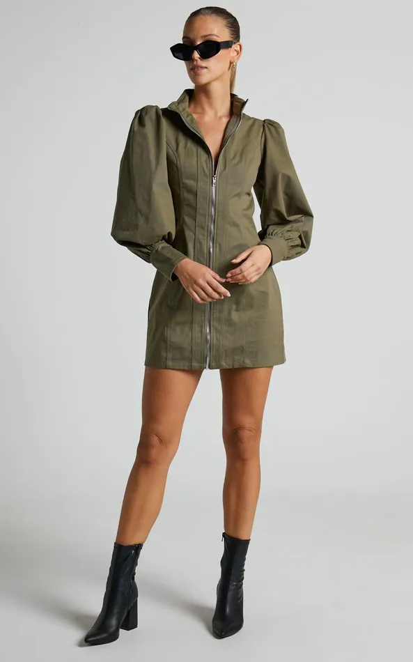 Showpo Tallis Mini Dress 8211 Sleeve Zip Front Dress In Khaki Women Curve Clothes